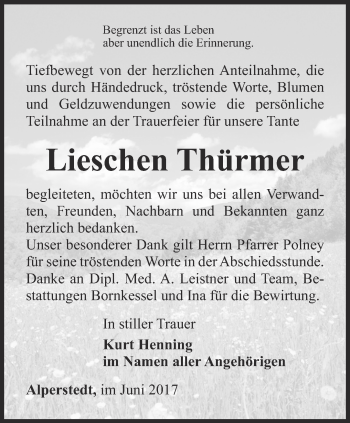 Traueranzeige von Lieschen Thürmer von Thüringer Allgemeine, Thüringische Landeszeitung