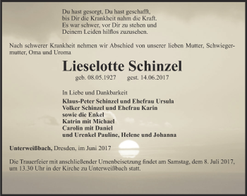 Traueranzeige von Lieselotte Schinzel von Ostthüringer Zeitung