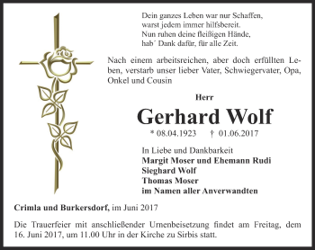 Traueranzeige von Gerhard Wolf von Ostthüringer Zeitung