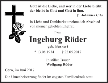 Traueranzeige von Ingeburg Röder von Ostthüringer Zeitung
