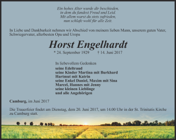 Traueranzeige von Horst Engelhardt von Ostthüringer Zeitung, Thüringische Landeszeitung