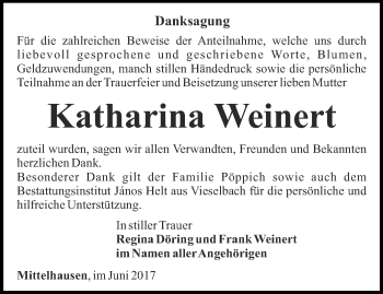 Traueranzeige von Katharina Weinert von Thüringer Allgemeine, Thüringische Landeszeitung