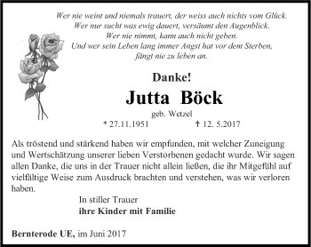 Traueranzeige von Jutta Böck von Thüringer Allgemeine
