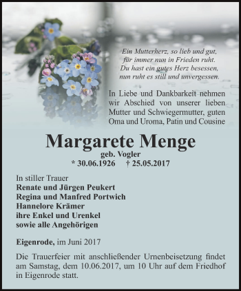 Traueranzeige von Margarete Menge von Thüringer Allgemeine, Thüringische Landeszeitung