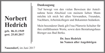 Traueranzeige von Norbert Hedrich von Thüringer Allgemeine, Thüringische Landeszeitung