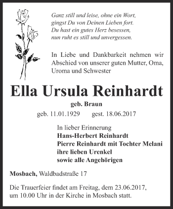 Traueranzeige von Ella Ursula Reinhardt von Thüringer Allgemeine, Thüringische Landeszeitung