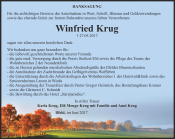 Traueranzeige von Winfried Krug von Thüringer Allgemeine