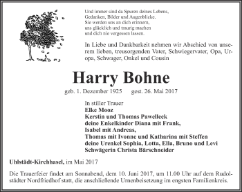 Traueranzeige von Harry Bohne von Ostthüringer Zeitung