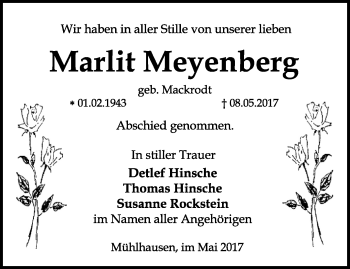 Traueranzeige von Marlit Meyenberg von Thüringer Allgemeine, Thüringische Landeszeitung
