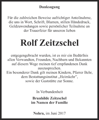 Traueranzeige von Rolf Zeitzschel von Thüringer Allgemeine, Thüringische Landeszeitung