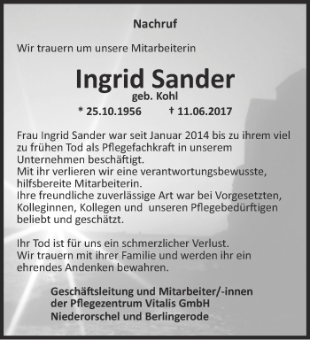 Traueranzeige von Ingrid Sander von Thüringer Allgemeine