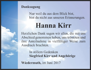 Traueranzeige von Hanna Kirr von Thüringer Allgemeine