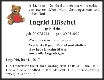 Traueranzeige von Ingrid Häschel von Thüringer Allgemeine