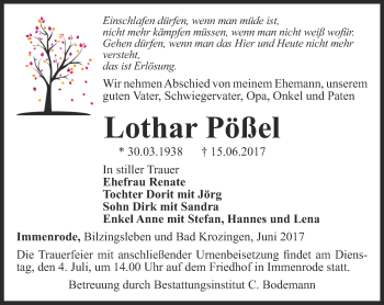 Traueranzeige von Lothar Pößel von Thüringer Allgemeine