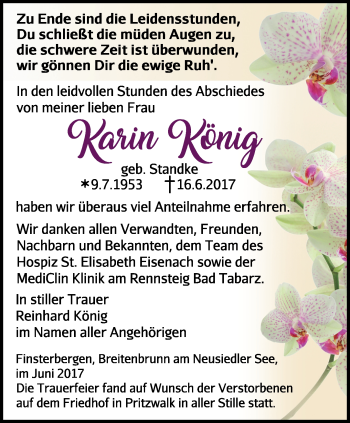 Traueranzeige von Karin König von Ostthüringer Zeitung, Thüringische Landeszeitung