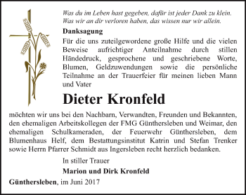 Traueranzeige von Dieter Kronfeld von Ostthüringer Zeitung, Thüringische Landeszeitung