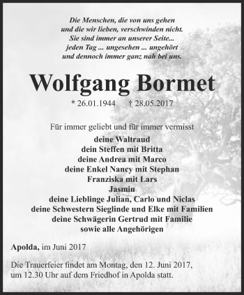 Traueranzeige von Wolfgang Bormet von Thüringer Allgemeine, Thüringische Landeszeitung