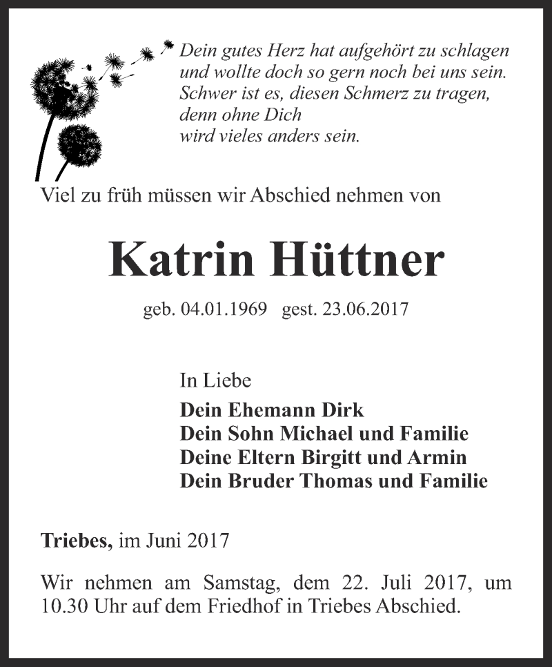  Traueranzeige für Katrin Hüttner vom 30.06.2017 aus Ostthüringer Zeitung