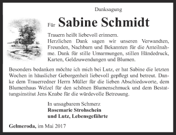 Traueranzeige von Sabine Schmidt von Thüringer Allgemeine, Thüringische Landeszeitung