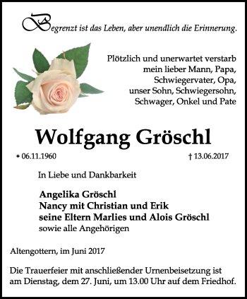 Traueranzeige von Wolfgang Gröschl von Thüringer Allgemeine, Thüringische Landeszeitung