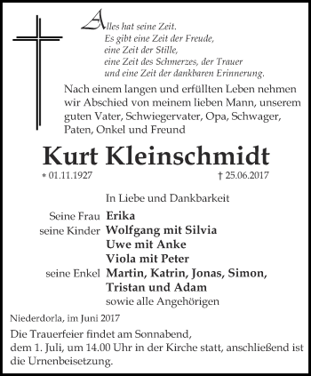 Traueranzeige von Kurt Kleinschmidt von Thüringer Allgemeine, Thüringische Landeszeitung
