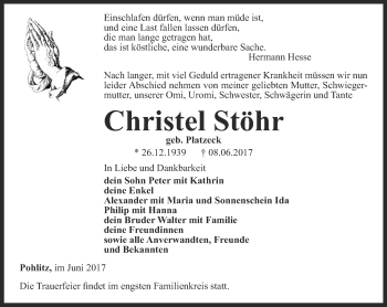 Traueranzeige von Christel Stöhr