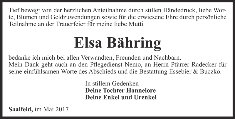  Traueranzeige für Elsa Bähring vom 03.06.2017 aus Ostthüringer Zeitung