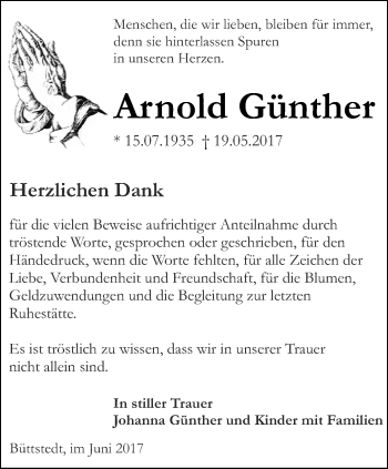 Traueranzeige von Arnold Günther von Thüringer Allgemeine