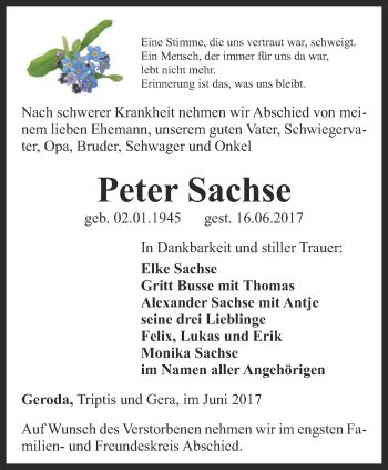 Traueranzeige von Peter Sachse von Ostthüringer Zeitung