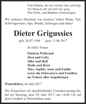 Traueranzeige von Dieter Grigussies von Thüringer Allgemeine, Thüringische Landeszeitung