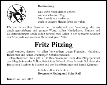 Traueranzeige von Fritz Pitzing von Ostthüringer Zeitung