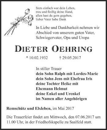 Traueranzeige von Dieter Oehring von Ostthüringer Zeitung