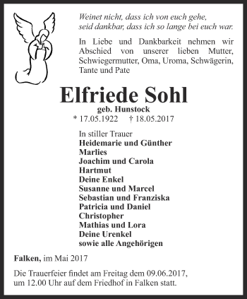 Traueranzeige von Elfriede Sohl von Thüringer Allgemeine, Thüringische Landeszeitung