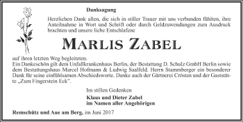 Traueranzeige von Marlis Zabel von Ostthüringer Zeitung