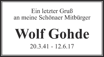 Traueranzeige von Wolf Gohde von Ostthüringer Zeitung