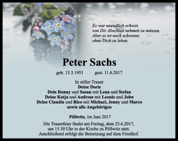 Traueranzeige von Peter Sachs von Ostthüringer Zeitung