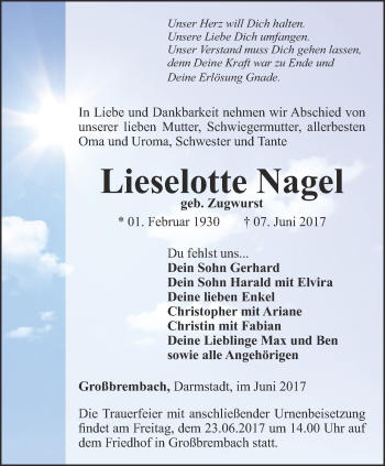 Traueranzeige von Lieselotte Nagel von Thüringer Allgemeine