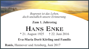 Traueranzeige von Hans Enke von Ostthüringer Zeitung