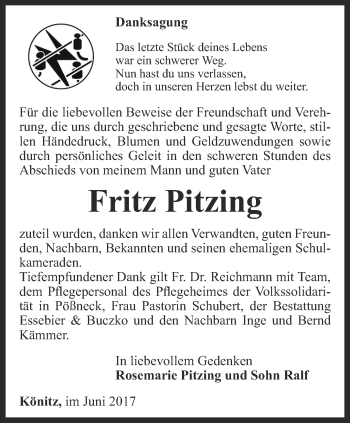 Traueranzeige von Fritz Pitzing von Ostthüringer Zeitung