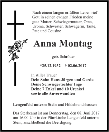Traueranzeige von Anna Montag von Thüringer Allgemeine, Thüringische Landeszeitung