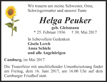 Traueranzeige von Helga Peuker von Ostthüringer Zeitung, Thüringische Landeszeitung
