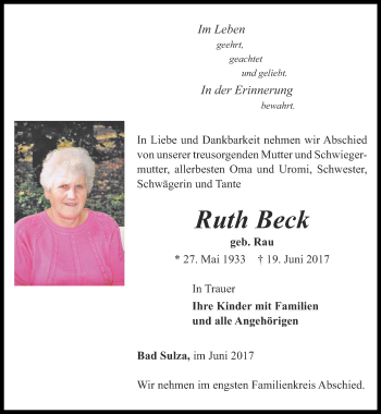 Traueranzeige von Ruth Beck von Thüringer Allgemeine, Thüringische Landeszeitung