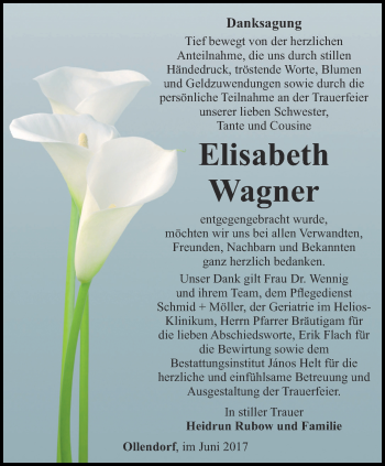 Traueranzeige von Elisabeth Wagner von Thüringer Allgemeine, Thüringische Landeszeitung