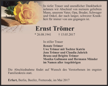 Traueranzeige von Ernst Trömer von Thüringer Allgemeine, Thüringische Landeszeitung