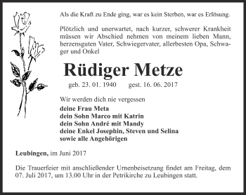 Traueranzeige von Rüdiger Metze von Thüringer Allgemeine