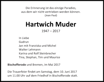 Traueranzeige von Hartwich Muder von Thüringer Allgemeine