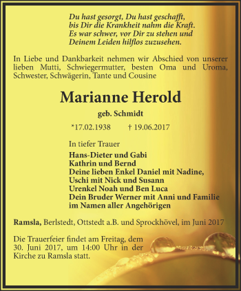 Traueranzeige von Marianne Herold von Thüringer Allgemeine, Thüringische Landeszeitung