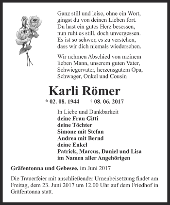 Traueranzeige von Karli Römer von Thüringer Allgemeine, Thüringische Landeszeitung