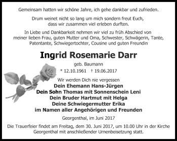 Traueranzeige von Ingrid Rosemarie Darr von Ostthüringer Zeitung, Thüringische Landeszeitung