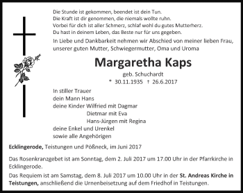 Traueranzeige von Margaretha Kaps von Thüringer Allgemeine